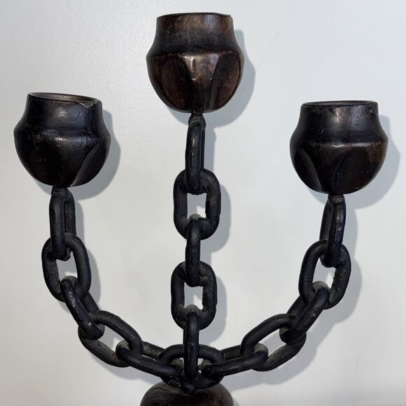 Iron Chain Carved Wood Bell Candle Holders Candelabra Gothic Medieval 13.5” - Picture 5 of 10